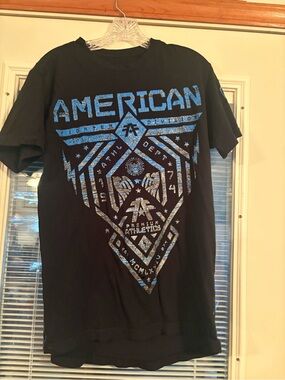 American Fighter Black T-Shirt with Blue Geometric Shield Graphic